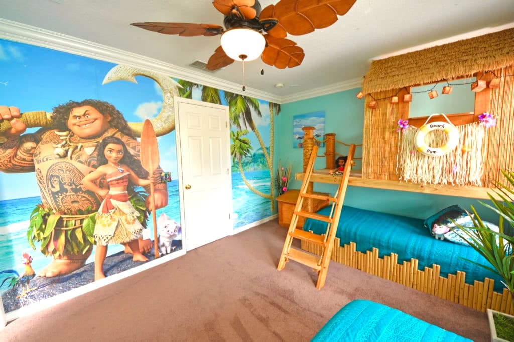 MOANA and Maui's Polynesian Tiki Hut and Boat Bedroom sleeps 3 on a twin and queen.  Jack-n-jill bathroom shared with Aladdin King Master.