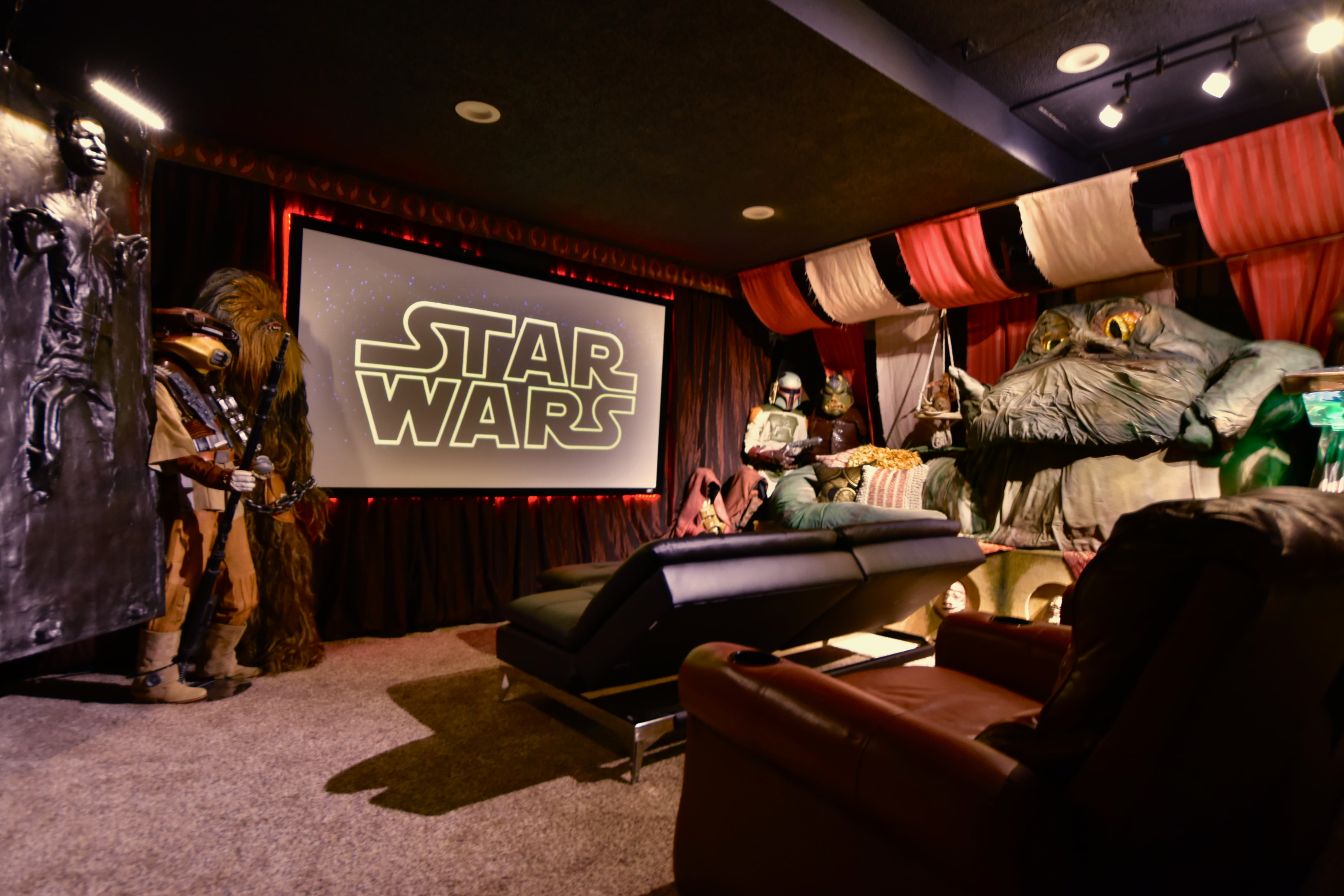 *epic* STAR WARS media room in Jabba the Hutt's palace!  Watch or stream on our huge movie screen, game XBOX, Playstation, or Oculus with our games, or cosplay in 50+ fabulous costumes (all sizes of both Jedi AND Dark side)!