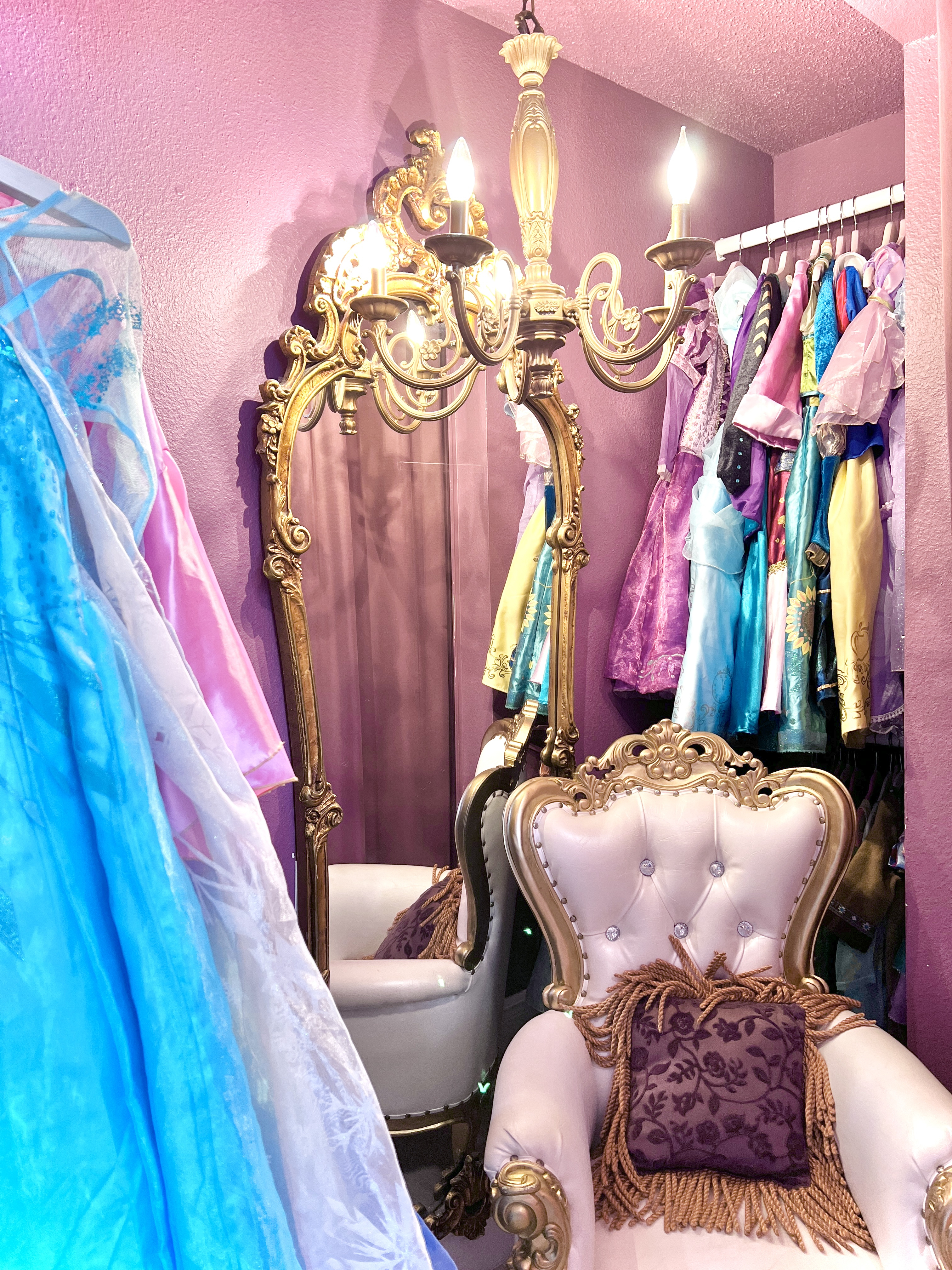 Rapunzel's boutique-style dressing closet has over 50 beautiful costumes for princesses sized infant to adult! (All costumes are only for use in the villa or on its property.)