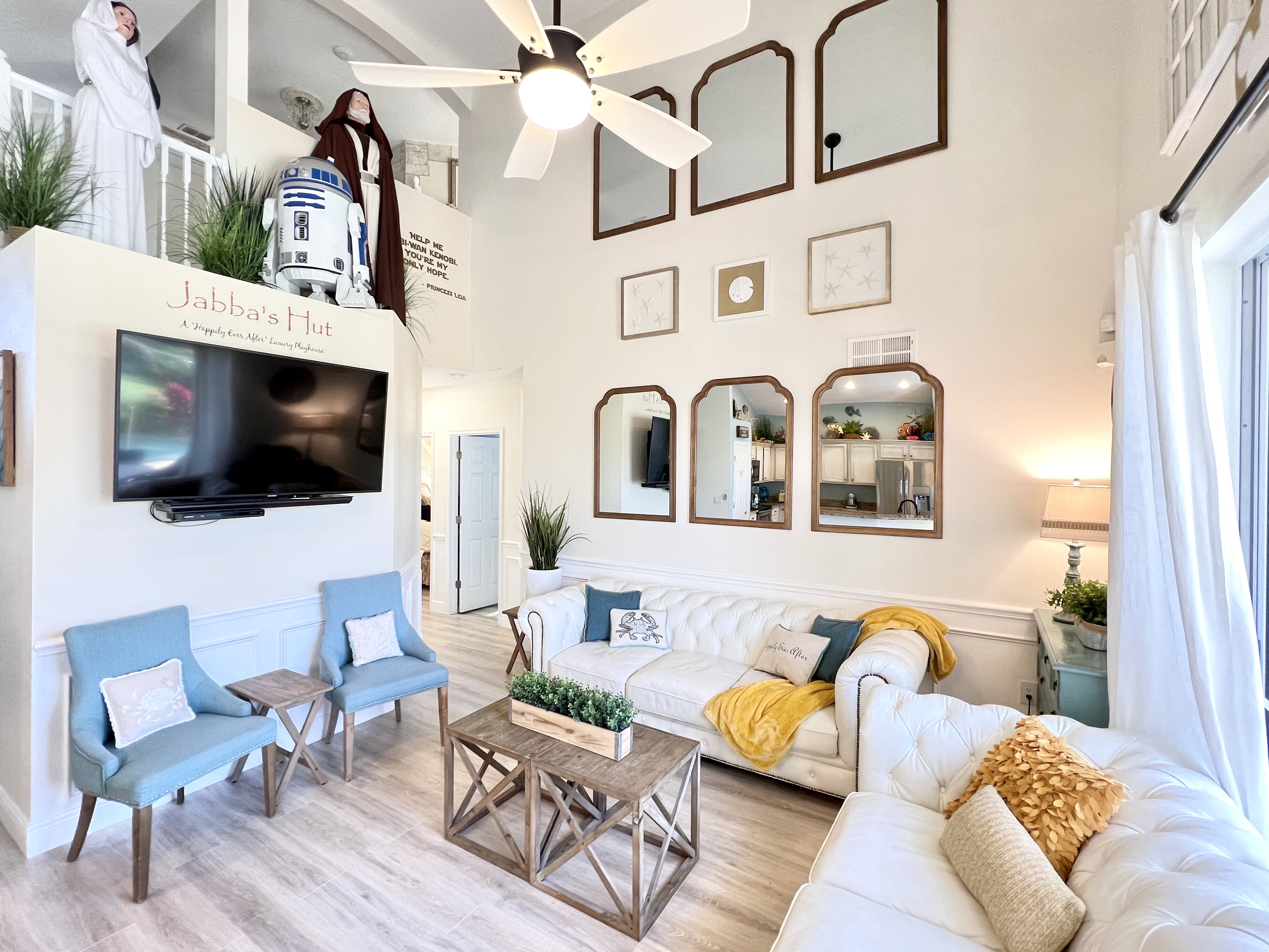 Relax on the leather sofas with a drink and TV here, or in any of our 5 other TVs in the house, each with Roku, Disney +, and Spectrum Cable.