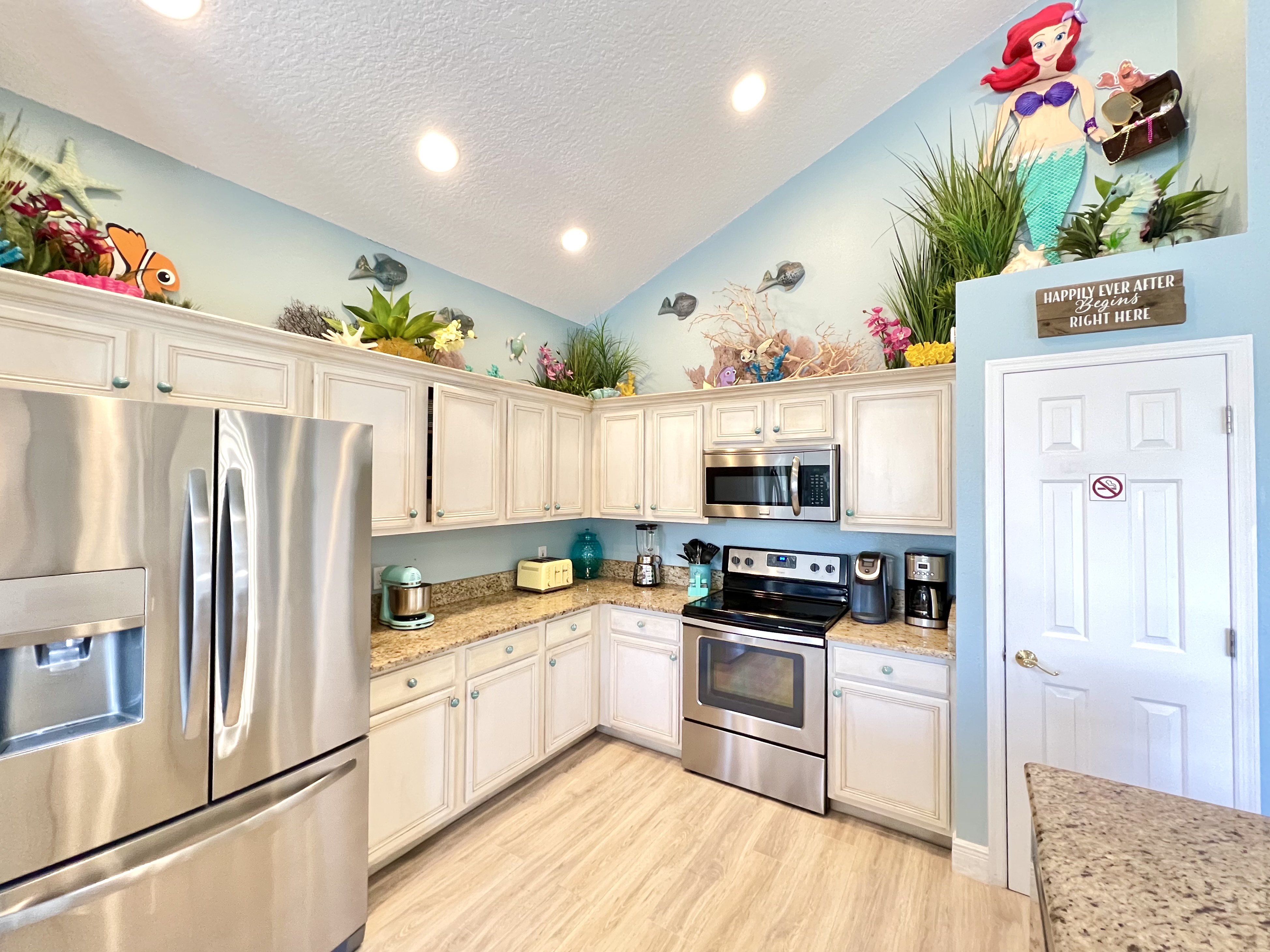 We guarantee this to be the BEST-STOCKED kitchen you have EVER SEEN in any rental: Dozens of small appliances, pots and pans for both large AND small groups, oodles of beautiful beachy dishware and Disney plasticware for kids.