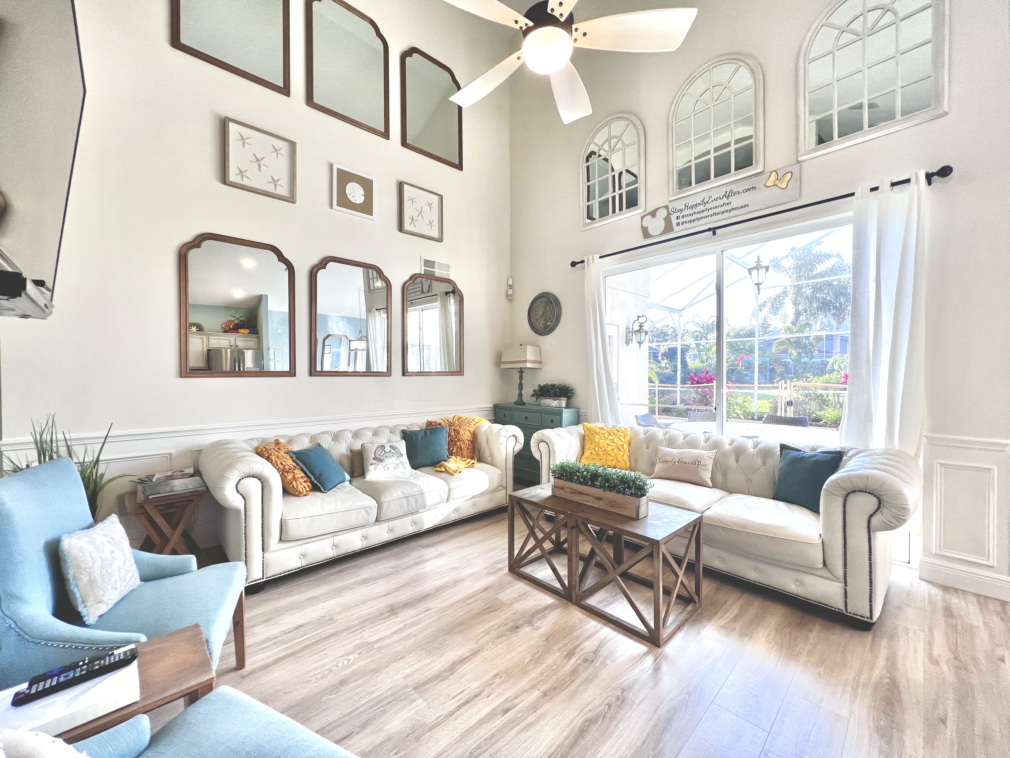 Open, vaulted, and bright, the main living area celebrates the Florida sun with beautiful beach vibes.