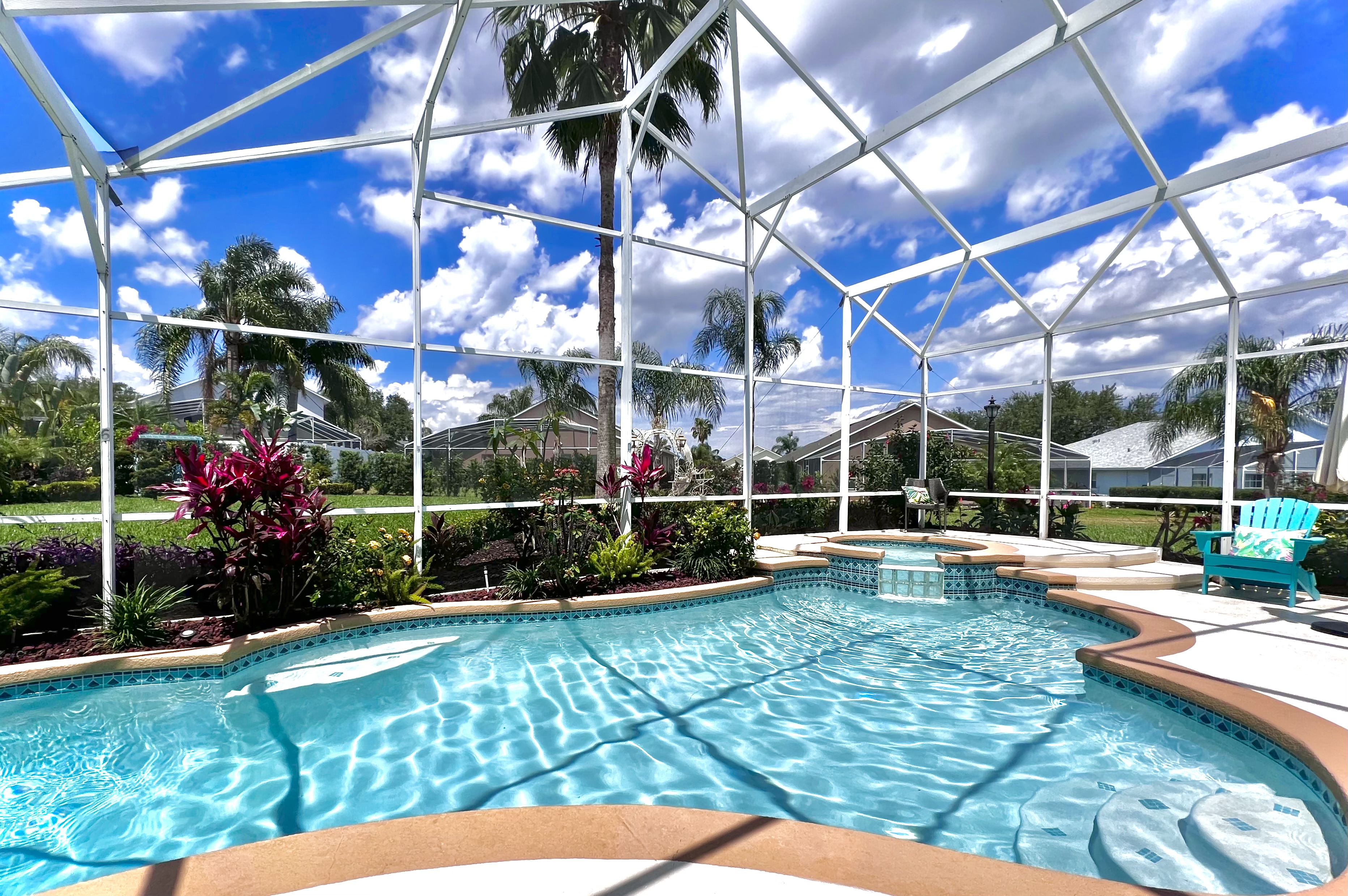 The huge pool cage will be much appreciated on humid nights, when mosquitoes and bugs are unable to ruin a fun party night!